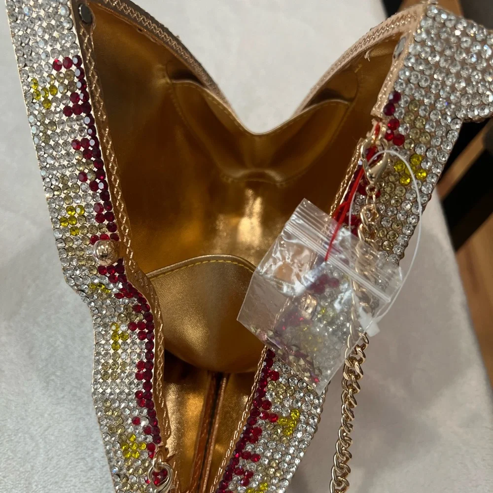 Embellished Pizza Slice Rhinestone Clutch in Red, Gold & Clear - Picture 9 of 16